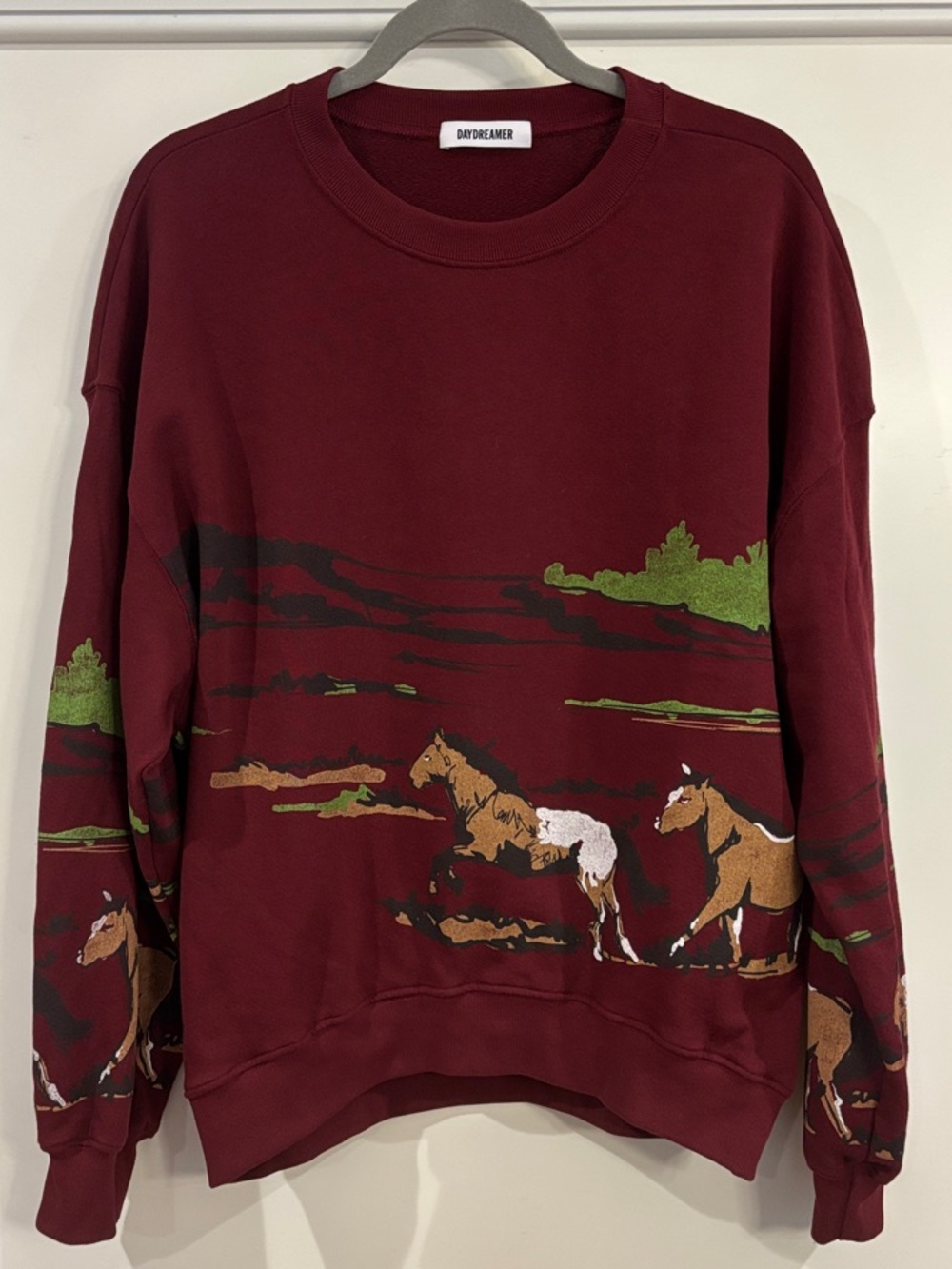 Daydreamer Running Horses Oversized Crewneck Sweatshirt - Wine - Size M